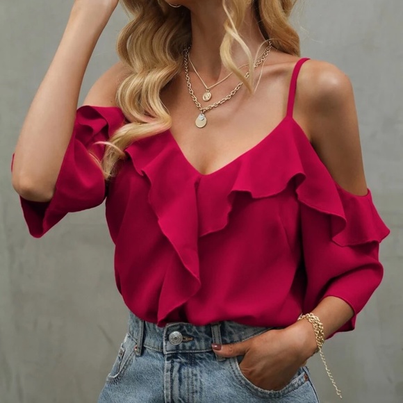 Boho Ruffle Detail Cold Shoulder Blouse - Picture 11 of 12
